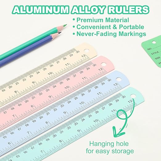 PATIKIL 20cm/8" Metal Ruler, 2 Pack Aluminum Alloy Rulers with Centimeters, Millimeters, Inches and Conversion Table Straight Edge Ruler for Writing Machinist Drafting, White