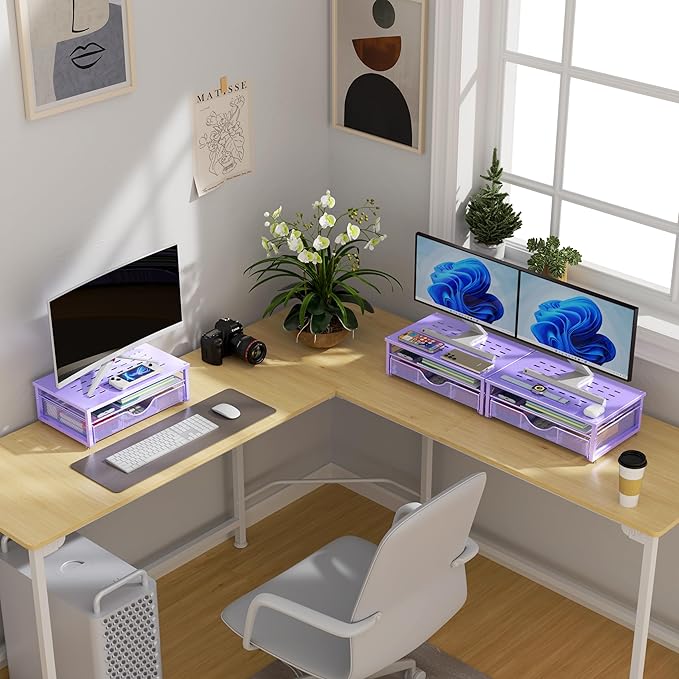 gianotter Computer Monitor Stand Riser, office organizer with Drawer, Office Organizers Storage for Classroom Office Supplies (Purple)