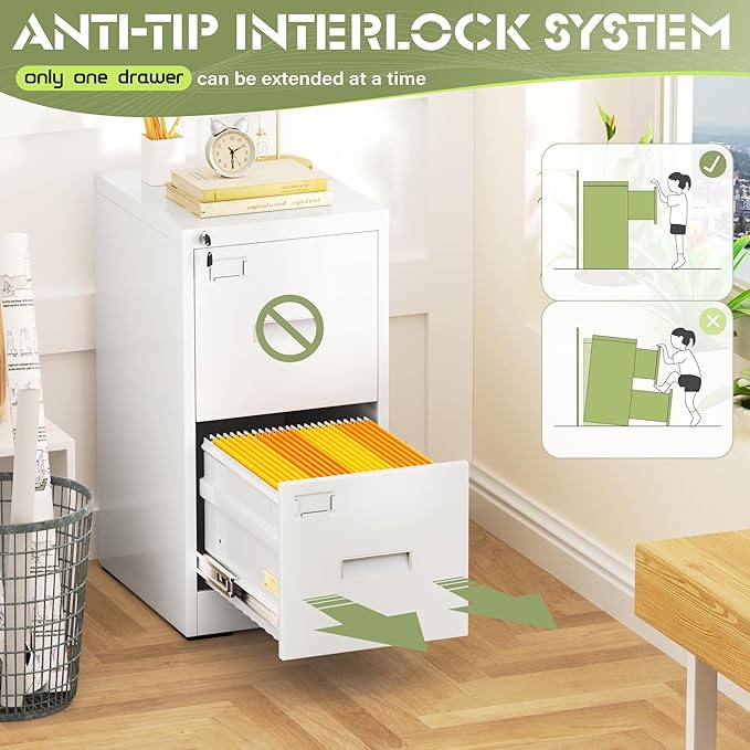 Crownland Lateral File Cabinet with 2 Drawers, 15" W Metal Lockable Office File Cabinets for Home Office- Stores Letter/Legal/A4/F4 Files(White)