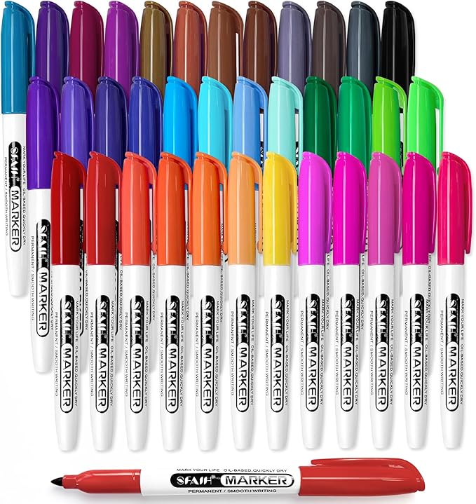SFAIH 36 Colors Permanent Markers - Assorted Vibrant Colors, Quick Drying, Fade Resistant, Alcohol-Based Fine Point Permanent Markers for Paper, Plastic, Wood, Coloring, Drawing Doodling, Waterproof