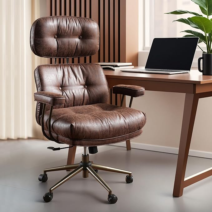 ovios Ergonomic Home Office Chair, Mid-Century Modern Faux Leather Chairs with Thickened Cushions, Comfy High Back Swivel Rolling Executive Computer Armchair (Dark Brown, Suede Leather)