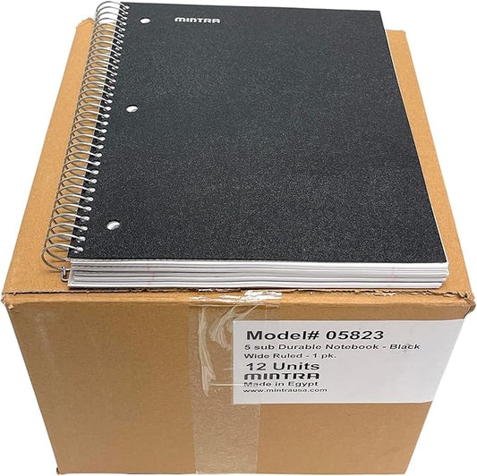 Mintra Office Durable Spiral Notebooks, 5 Subject (Black, Wide Ruled 12pk)