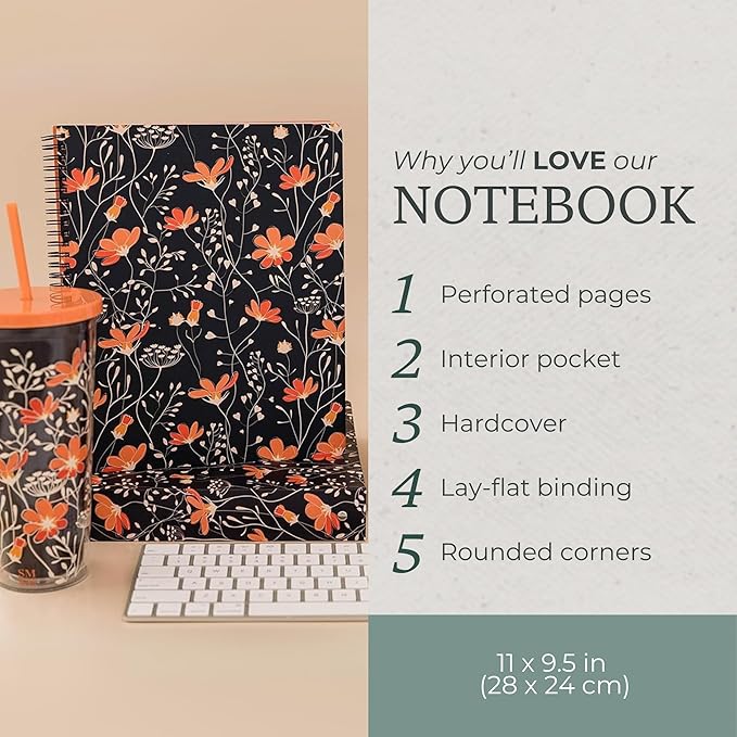 Steel Mill & Co Cute Large Spiral Notebook College Ruled, 11" x 9.5" with Durable Hardcover and 160 Lined Pages, Floral Vines