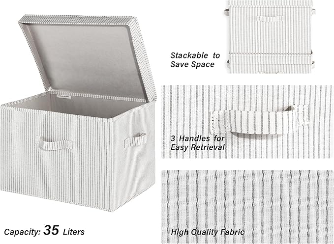 StorageWorks Fabric Storage Bins with Lid, Decorative Storage Boxes for Shelves, Stackable Closet Organizer Basket with Handles, Jumbo, Gray and White Stripes, 2-Pack