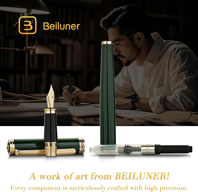 BEILUNER British Racing Green Fountain Pen,Stunning Luxury Pens with 24K Gold Accents, Gorgeous 24K Gilded Nib(Medium), Ink Converter, Pen Gift for Men&Women-Elegant, Reliable,Fancy for Writing