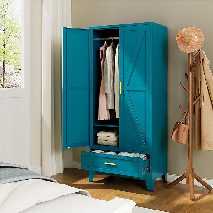 Farmhouse Wardrobe Cabinet with 2 Drawers,Metal Wardrobe Closet with Hanging Rod,Metal Armoire with Adjustable Shelves for Bedroom,Living Room, Cloak Room,Office (Blue)