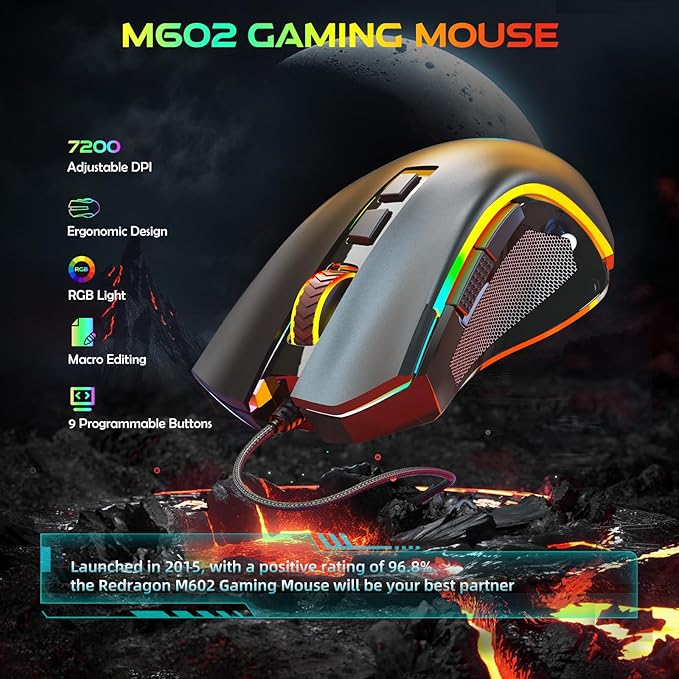 Redragon M602 Gaming Mouse, Ergonomic RGB Gaming Mouse Wired with 7200 Adjustable DPI, 9 Programmable Buttons, Professional Software for Gamer Office [Black]