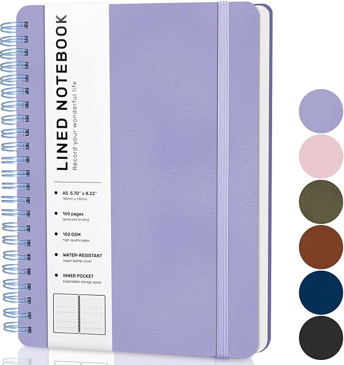 Lined Spiral Journal Notebook, B5 Hardcover Leather Notebook for Work, 7.8''×10'', 100GSM Thick Paper Spiral Bound Journaling Notebooks for Women & Men Office School Note Taking Business, Purple