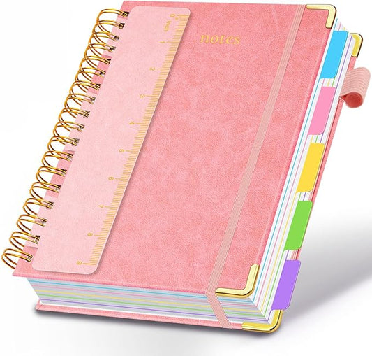 Hardcover Spiral Notebook 8"x10" Journal Notebook with Tabs and Removable Dividers 300 Pages 5 Subject Notebook College Ruled, Faux Leather Spiral Bound Notebook for Women, Students, School Work (Pink)