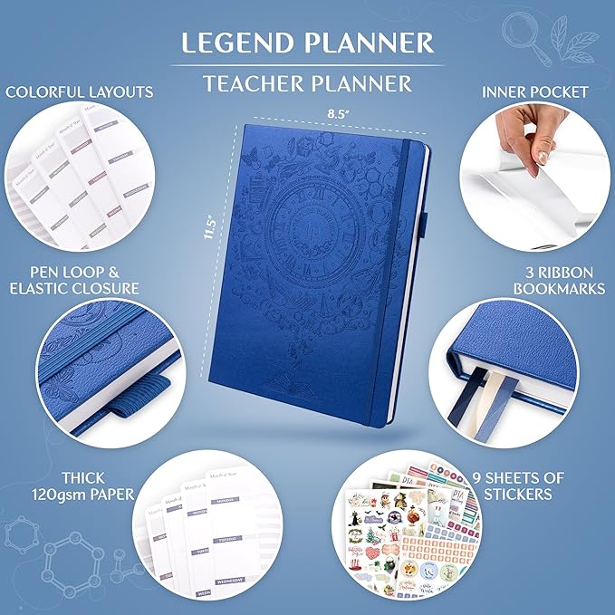 Legend Teacher Planner – Undated Lesson Plan Book for Teachers with Weekly & Monthly Calendars - Classroom Organization & School Year Planner – 8.5”x11.5” Hardcover (Mystic Blue Debossed)