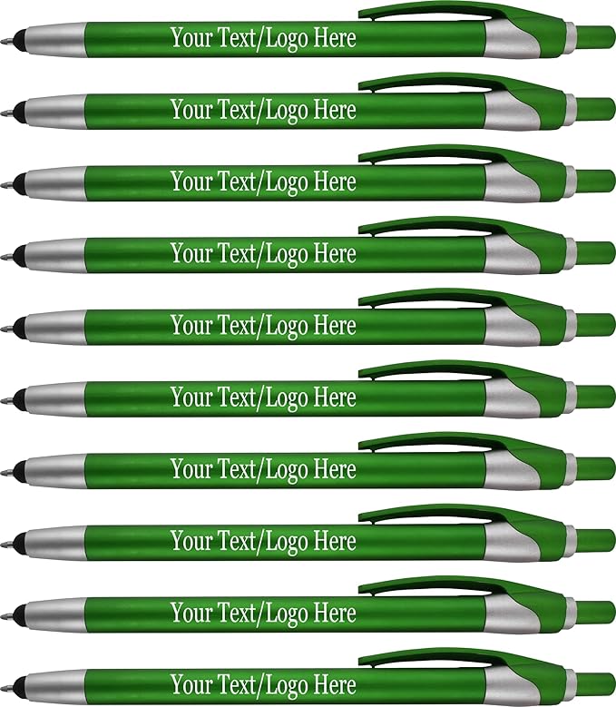 Personalized With your Custom Logo or Text Pens-Pack of 300- for Marketing, Parties, and Events, 2 in 1 Capacitive Stylus & Ballpoint Pen Compatible With Touchscreen Devices, Black Ink, Green Pens