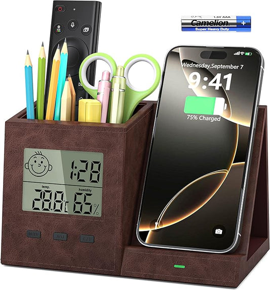Multifunctional Pen Holder and Organizer for Desk with Wireless Charger, Digital Indoor Thermometer and Humidity Gauge, Home Office Organizers and Storage (Battery Included)