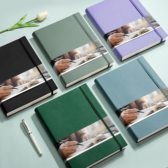 EMSHOI B5 College Ruled Notebook Journal- 400 Pages (200sheets), 7mm Spacing & Vegan Leather Cover for Work, School, Bible Study, Bullet Journaling- with Sticky Notes, Pocket & Pen Holder - Dark Green