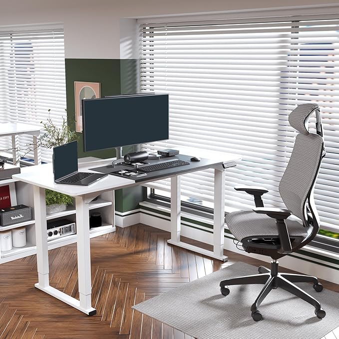SANODESK 4-Leg Standing Desk, Electric Height Adjustable Desk with Memory Presets for Home Office, Stand up Desk Computer Workstation, 63x28 Inches White