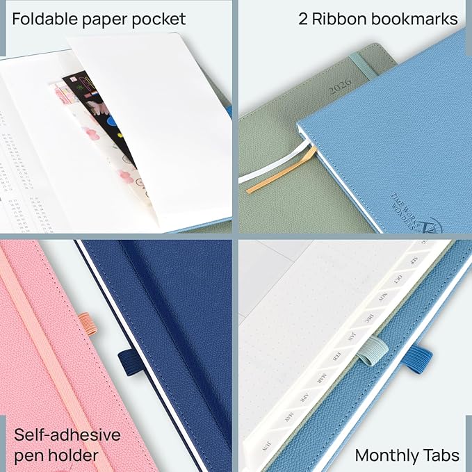 POPRUN Weekly Planner 2026 Calendar (Large 8.5" x 10.5") 12 Months Notebook with Horizontal Layout, Leather Hardcover, Inner Pocket, 100GSM Thick Paper, Pen Holder - Pacific Green