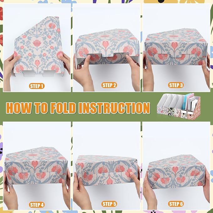 PerKoop 6 Pcs Magazine File Holder Foldable Decorative Cardboard File Folders 6 Patterns Floral Colored Magazine Rack with Printable Sticker Labels for School Office Home Desk (Floral)