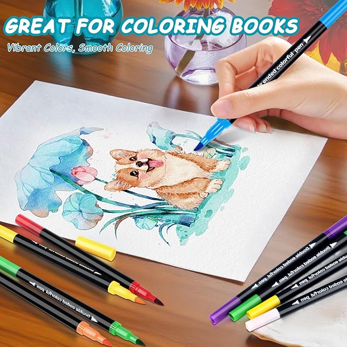 48 Colors Dual Markers Brush Pens, Art Markers Colored Pens for Adult Coloring Books, Brush and Fine Point Dual Tip Artist Colored Marker Set for Drawing Adult Coloring Hand Lettering