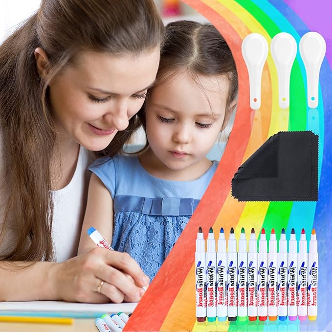 Teling 36 Pcs Magic Drawing Pen Bundle 12 Colors Magical Water Painting Pens for Kids Create Magic Pen Floating Ink Drawings Set with Spoons and Towel, Tattoo Water Marker Xmas Gift for Boy and Girl