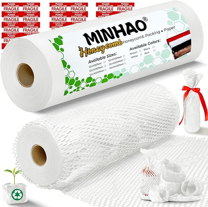 Honeycomb Packing Paper, 12"x300' White | Perforated Honeycomb Packing Paper Recyclable Moving Supplies for Shipping & Moving | Plastic-Free Alternative to Bubble Cushion Wrap with 36 Fragile Stickers
