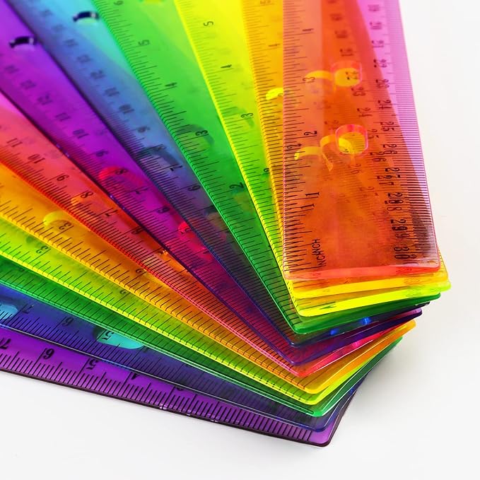 ZZTX 12 Pack Color Transparent Ruler Plastic Rulers 12 Inch, Metric Bulk Rulers with Inches and Centimeters, Kids Ruler for School, Home, Office