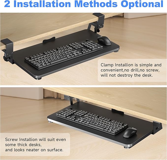Keyboard Tray Under Desk Large C-Clamp 25.6” (30” Including Clamps) x 11.8” Slide-Out Platform Computer Drawer Pull Out Keyboard & Mouse Tray Black DSF4