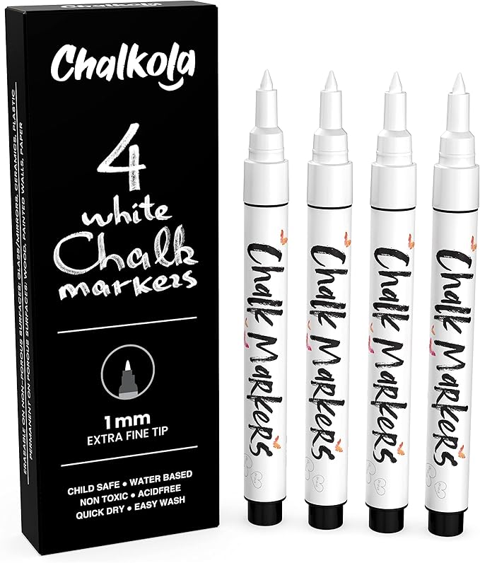 Extra Fine Tip White Chalk Markers (4 Pack 1mm Point) Chalk Pens - White Dry Erase Marker Pen for Blackboard, Chalkboards, Windows, Glass, Bistro, Signs