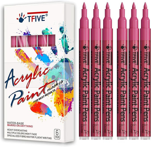 Pink Marker Paint Pens - 6 Pack Acrylic Pink Permanent Marker, 0.7mm Extra Fine Tip Paint Pen for Art Projects, Drawing, Rock Painting, Stone, Ceramic, Glass, Wood, Plastic, Metal, Canvas DIY Crafts