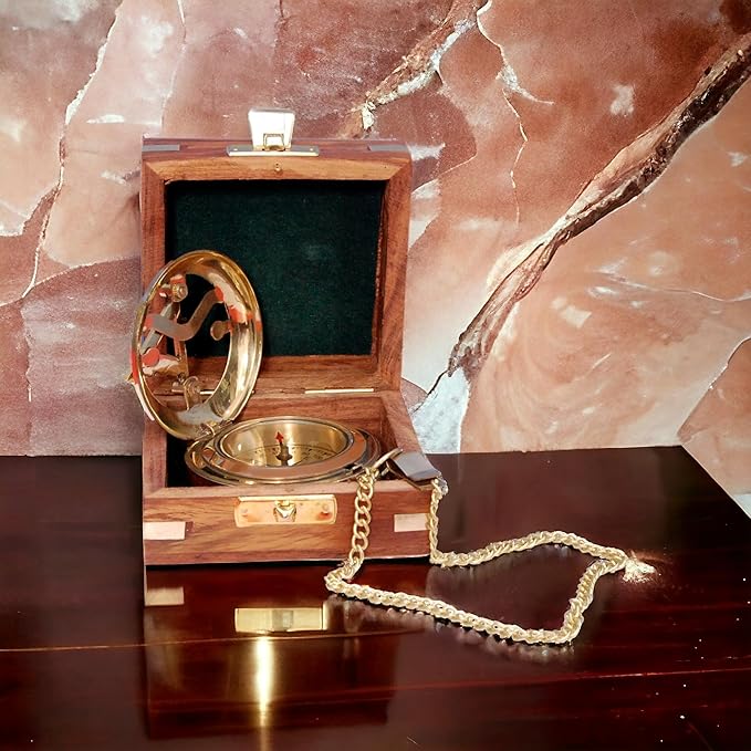 Vintage Brass Sundial Compass with Wooden Box - Antique Brass & Copper Sun Clock for Camping, Hiking, Touring - Engraved Gift for Him - Nautical Ship Replica Watch - Sundial Clock in Box