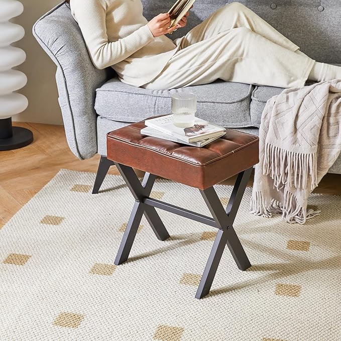 IBUYKE Square Makeup Stool with X-Leg Foot Rest, PU Footrest, Ottoman Seat Vanity Stool, Multi-Use as Small Side Table, for Bedroom, Living Room, Dark Brown LG-71Z