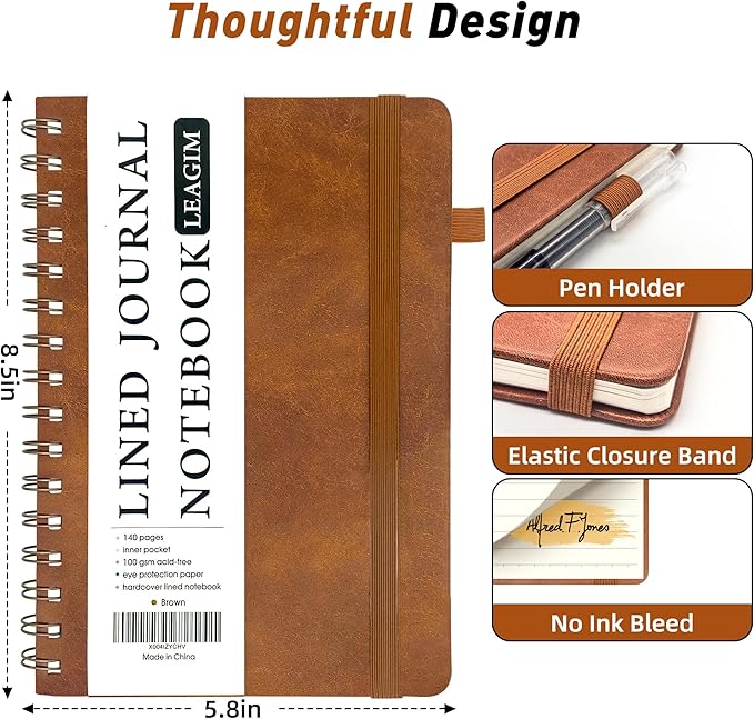 Lined Spiral Journal Notebook for Women & Men, College Ruled Hardcover Notebook for Work & Note Taking, Journals for Writing, 100 GSM, Business, School, 140 Pages, A5(5.8"x8.5") - Brown