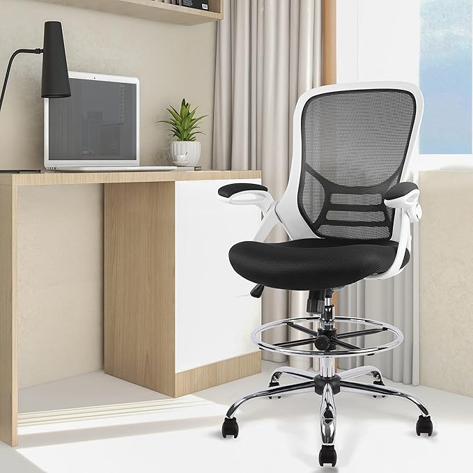 HYLONE Drafting Chair, Tall Office Chair Mesh Standing Desk Stool with Adjustable Foot Ring, Flip-Up Arms, White & Black