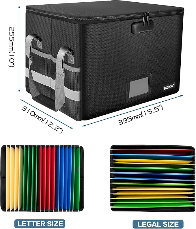 ENGPOW File Box with Lock,Fireproof Document Box with Zipper＆Pockets,Collapsible File Organizer Filing Storage Cabinet with Handle,Portable Home Office Safe for Hanging Letter/Legal Folder,Black