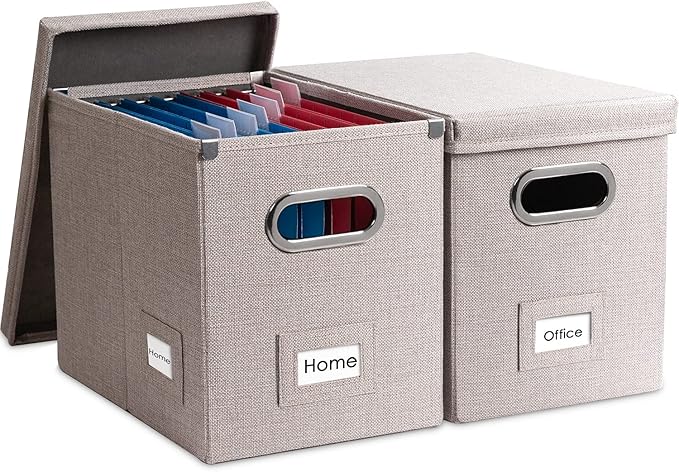 PRANDOM File Organizer Box - Set of 2 Collapsible Decorative Linen Filing Storage Hanging File Folders with Lids Office Cabinet Letter Size Light Grey (14x9.3x10.8 inch)