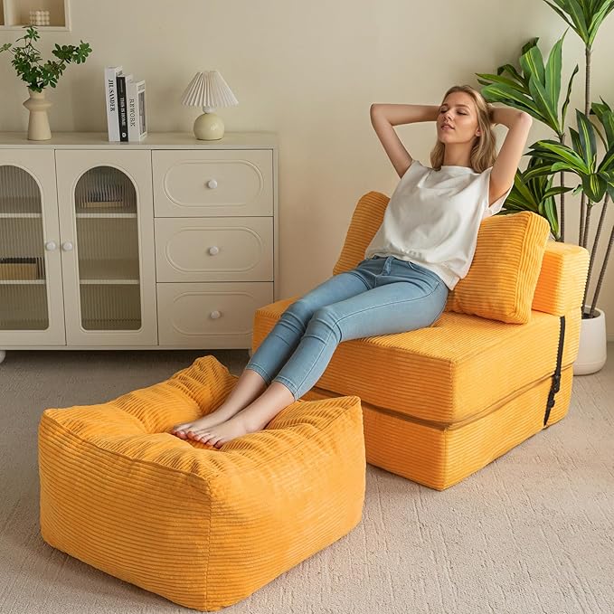 HIGOGOGO Square Stuffed Pouf Ottoman, Corduroy Poufs with Foam Chunk Filling, Furry and Fluffy Pouf Foot Stool Storage Ottoman, 21 X 21 Floor Poufs Foot Rest for Living Room, Orange