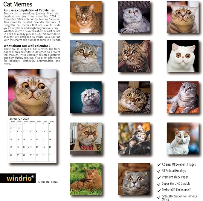 2025 Wall Calendar,Funny Calendar 2025, January 2025 - December 2025, Wall Calendar Funny Animal Memes, 12" x 24" Opened, Full Page 12 Months Thick Paper for Gift Calendar Organizing Planning