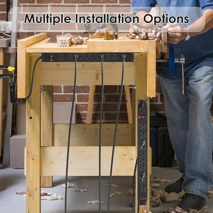 JUNNUJ Multi Angle Mount 10 Outlet 20 Amp Power Strip Heavy Duty, 2700J Surge Protector Under Desk with Switch 20A, Garage Workbench Gaming Outlet Table Wall Mountable, 3FT 12AWG Extension Cord