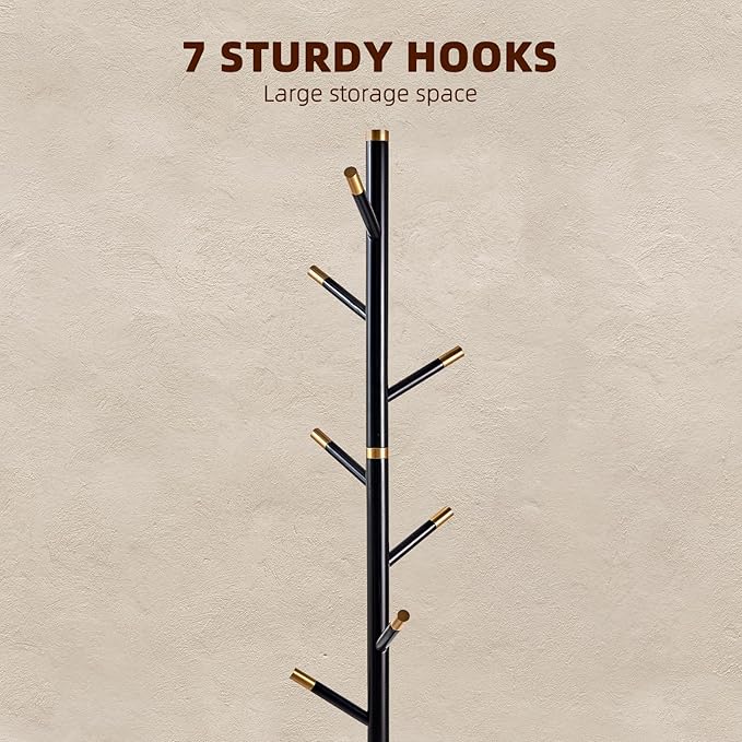 Uniclinens Coat Rack Freestanding Solid Wood Coat Tree Standing with 7 Hooks, Coat Rack Stand Creative Tree Branch-look (Black)