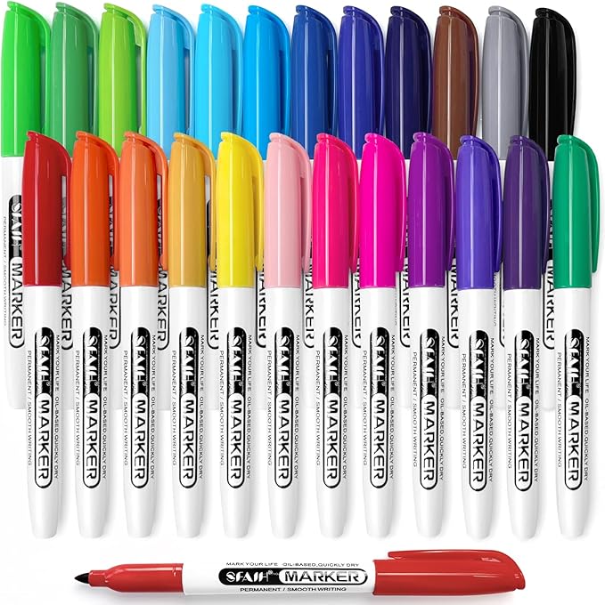 SFAIH 24 Colors Permanent Markers - Assorted Vibrant Colors, Quick Drying, Fade Resistant, Alcohol-Based Fine Point Permanent Markers for Paper, Plastic, Wood, Coloring, Drawing Doodling, Waterproof