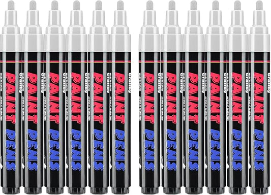 White Paint Pens Paint Markers - 12 Pack Permanent Quick Dry Waterproof Marker Pens for Rocks Wood Fabric Plastic Canvas Glass Mugs Metal Tire Stone