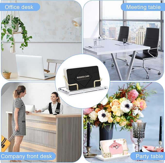 Amyhill 2 Pieces Acrylic Business Card Holder for Desk Clear Horizontal Business Card Display Stand Postcard Holder for Office Home Desktop (Gold)