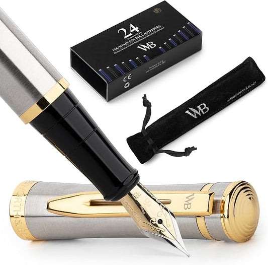 Wordsworth & Black Fountain Pen Set, 18K Gilded Extra Fine Nib, Includes 24 Pack Ink Cartridges, Ink Refill Converter & Gift Pouch, Gold Finish, Calligraphy, [Silver Gold], Perfect for Men & Women