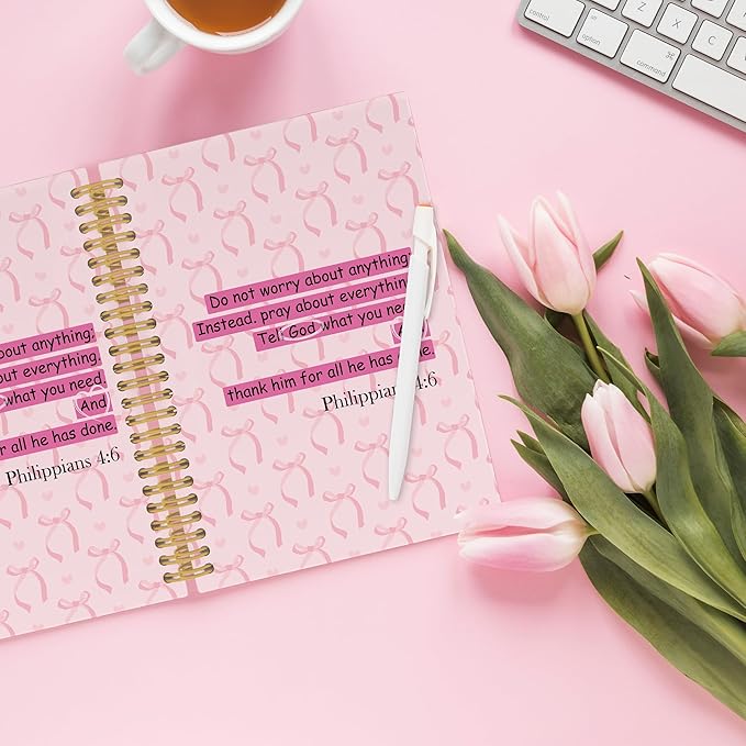 Coquette Pink Bows Christian Spiral Notebook, Scripture Bible Verses Journaling Notebooks for Church Office School, Preppy Girly Hardcover Journals for Teen Girls Women, 160 Pages 5.5 x 8.3 Inch