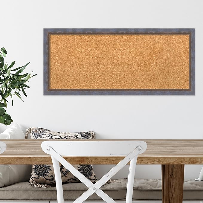 Amanti Art Natural Cork Board for Wall, 14x32 Vision Board with Blue Wood Frame, Medium Corkboard Office Decor for Home Organization, Modern Contemporary Corkboard Pinboard to display items for home