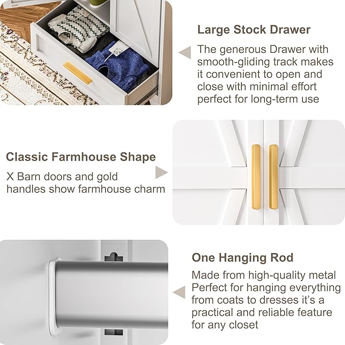 Metal Wardrobe Cabinet with Hanging Rod,71" Armoire Wardrobe Closet with 2 Drawers,Farmhouse Metal Clothing Storage Cabinets with Door and Adjustable Shelves for Bedroom,Laundry Room(White)