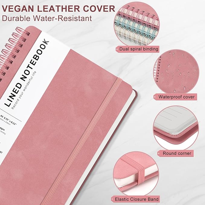 Lined Spiral Journal Notebook, A5 Hardcover Leather Notebook for Work, 5.7''×8.2'', 100GSM Thick Paper Spiral Bound Journaling Notebook for Women Men Office School Note Taking Business, Morandi Pink