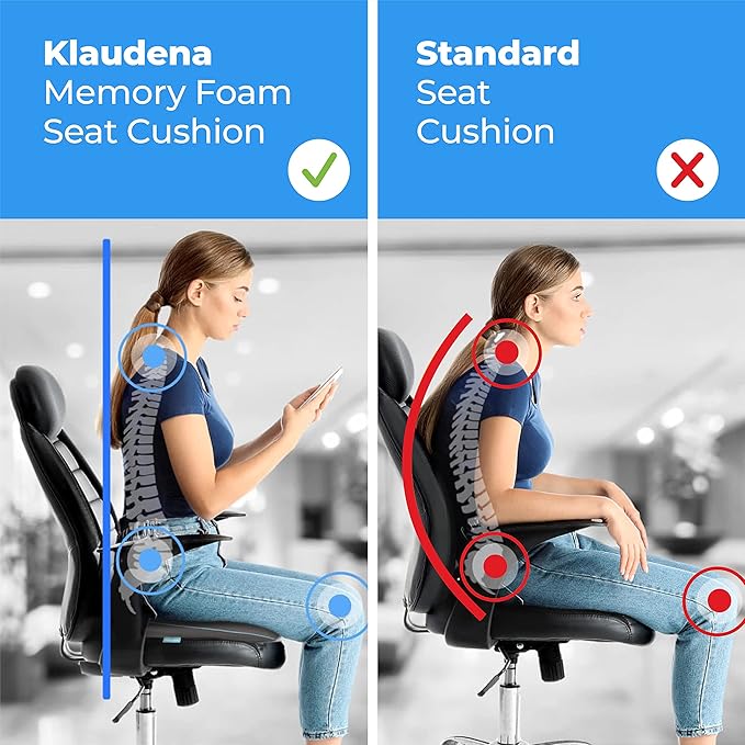 Klaudena | Office Chair Cushion for Tailbone Pain & Pressure Relief | Seat Cushion for Long Sitting Hours | Coccyx Lower Back Support | Memory Foam Cushions for Hip & Sciatica | Ergonomic Butt Pillow