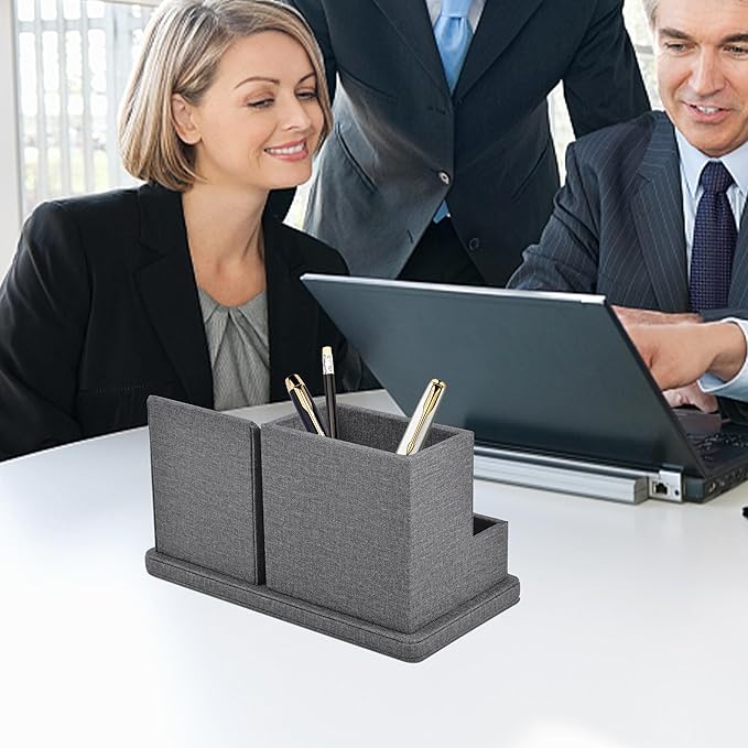 Multi-Function Pen/Pencil Holder-Linen Leathe Excellent Cell Phone Touch Screen Solution Holde-Business Card Holder/Sticky Note Tray,Desk Organizer for Office Supplies,Desktop Caddy,Grey