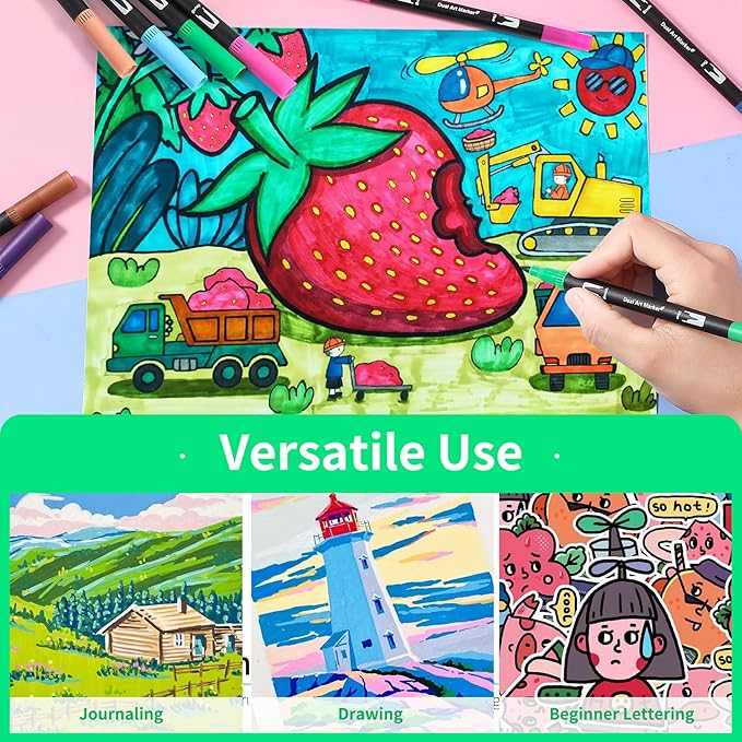 Double Brush Marker Pens, 144 Colors Art Markers Set with Fine Tip and Brush Tip for Kids Adult Coloring Book Hand Lettering Calligraphy Drawing Art Supplies Kit