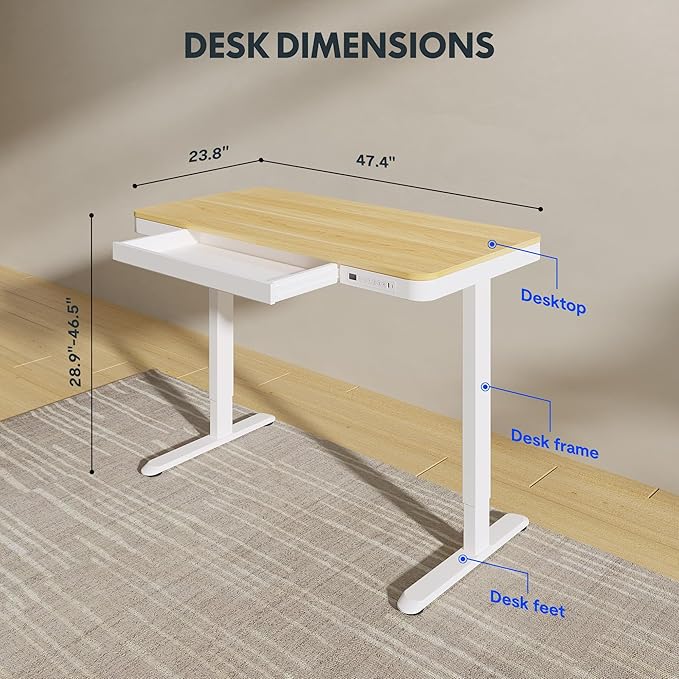 FLEXISPOT Comhar Electric Standing Desk with Drawers Charging USB Port, Height Adjustable 48" Whole-Piece Quick Install Home Office Computer Laptop Table with Storage (Maple Top + White Frame)