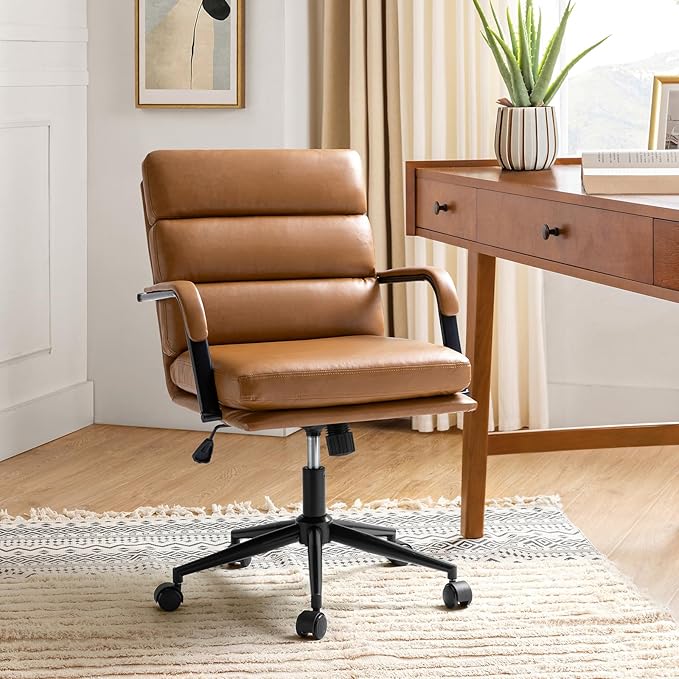 HULALA HOME Modern Faux Leather Home Office Chair with Tilt Lock & Metal Base, Desk Chair with Wheels & Padded Cushion, 360° Swivel Wide Seat Computer Task Chair, Camel